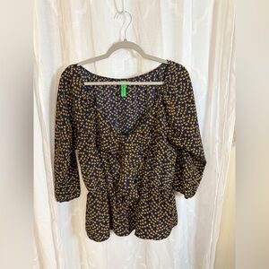 First Love | Navy and Gold Printed Blouse | Size Large